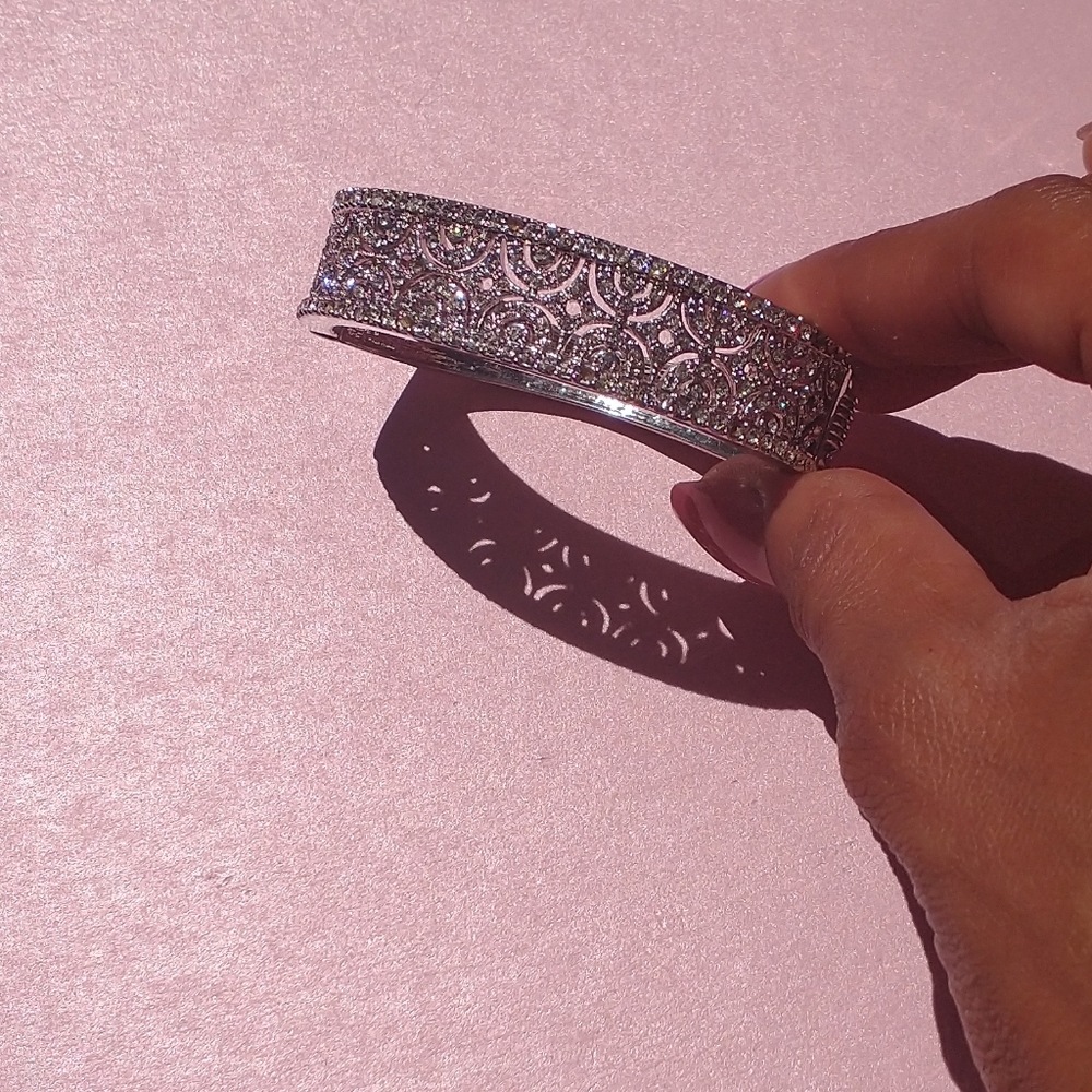 Silver Rhinestone Hinge Bracelet Cuff - image 4
